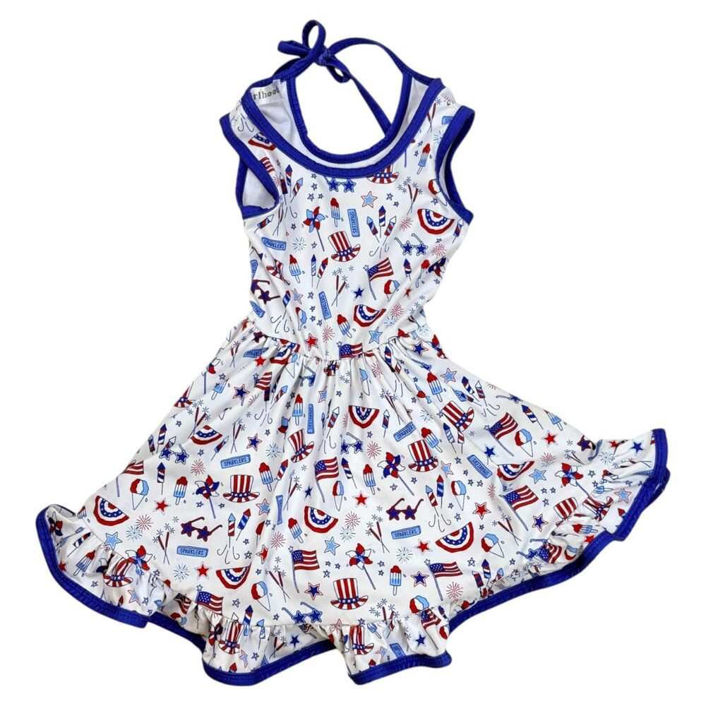 Girlhood Patriotic July 4th Twirl Dress Size 2 Red White Blue Fireworks Dress